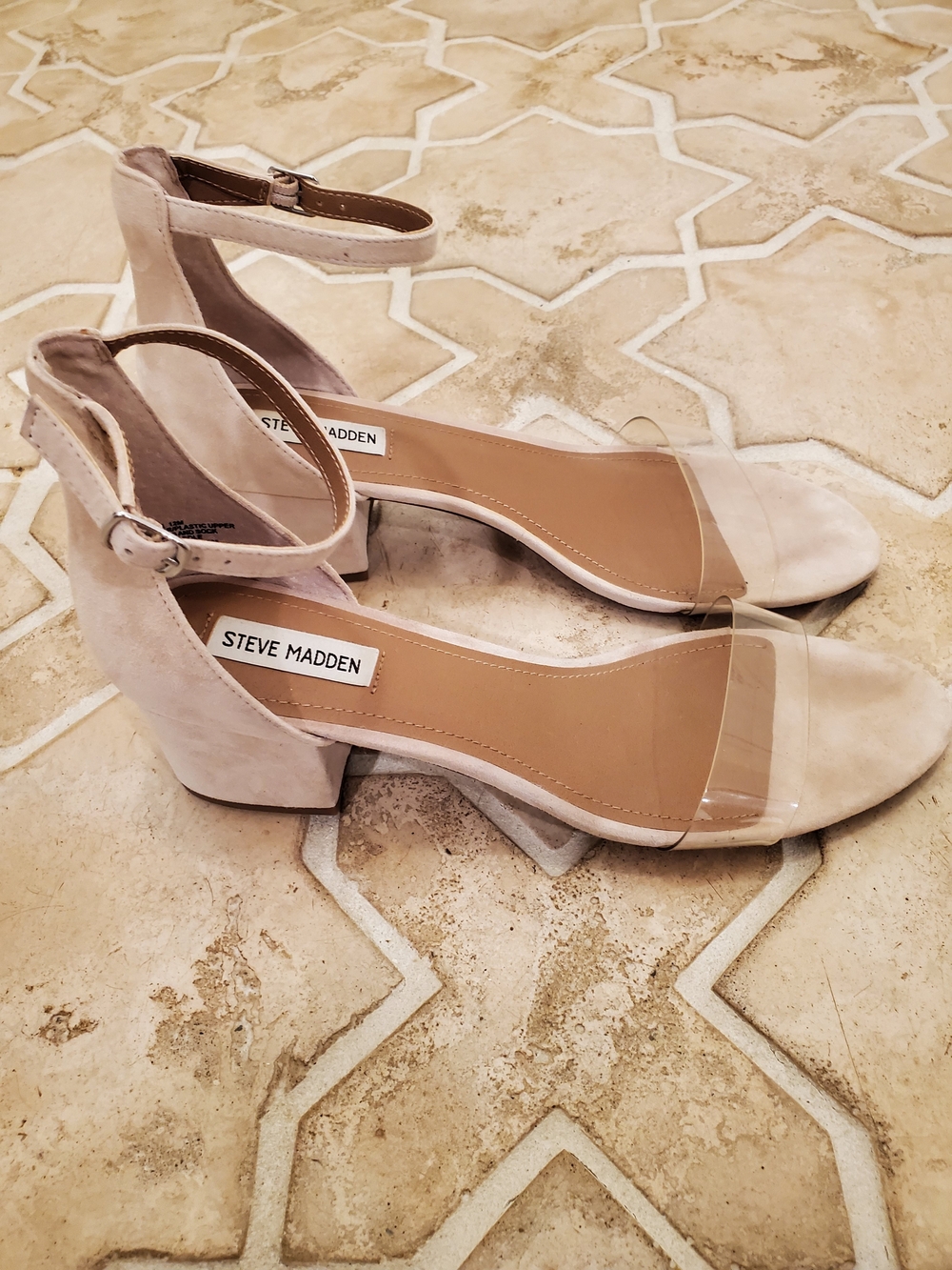 Steve Madden Women's Clear Strap Nude Irenee Block Heel Sandal with Ankle Strap